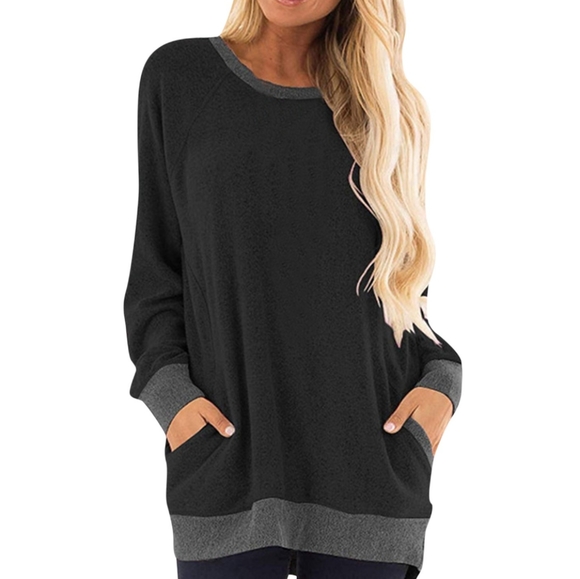 Black Oversized Pullover Sweater Tunic w Gray Trim Front Pockets Women's SMALL - Picture 1 of 7